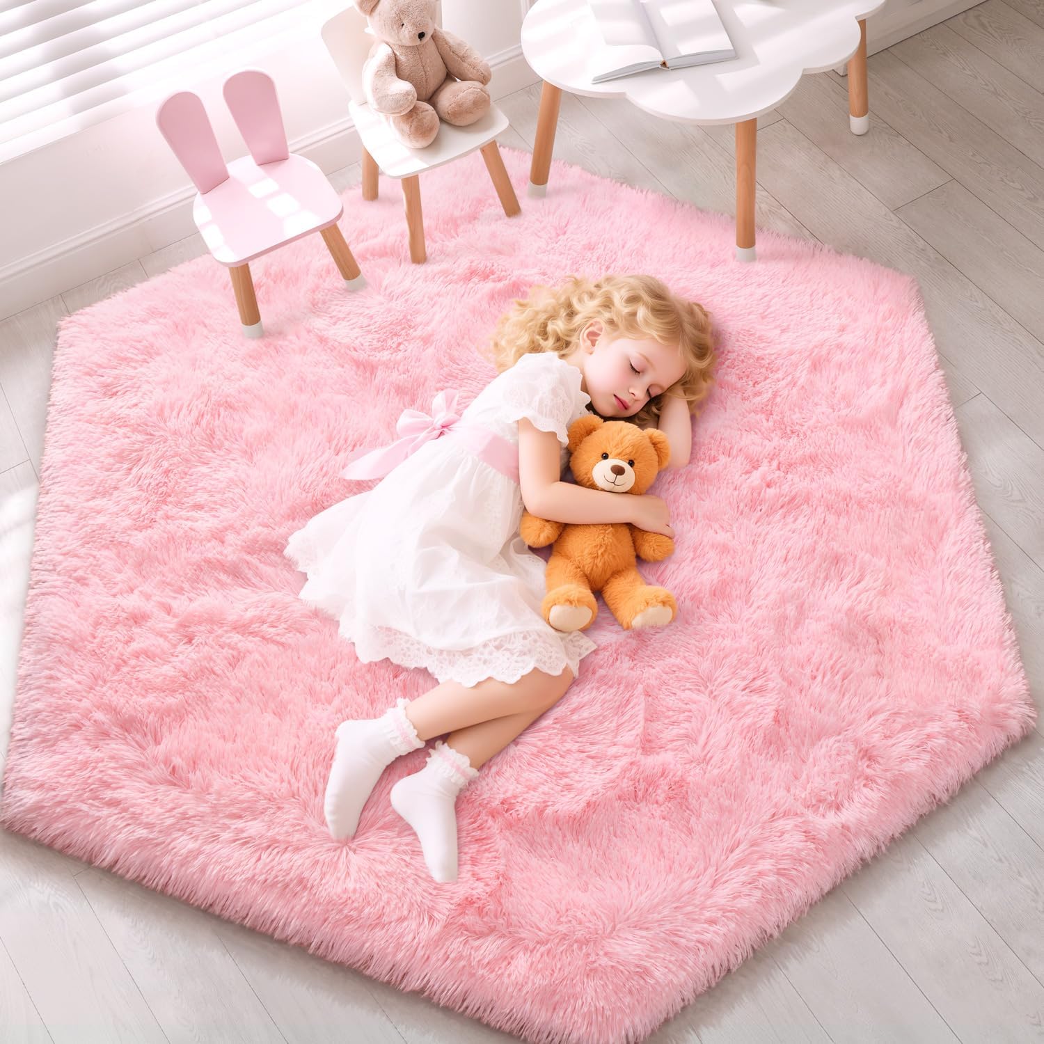 Pink Fluffy Hexagon Kids Plush Rug