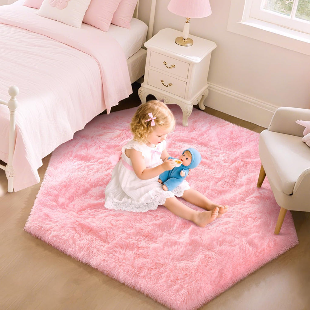 Pink Fluffy Hexagon Kids Plush Rug