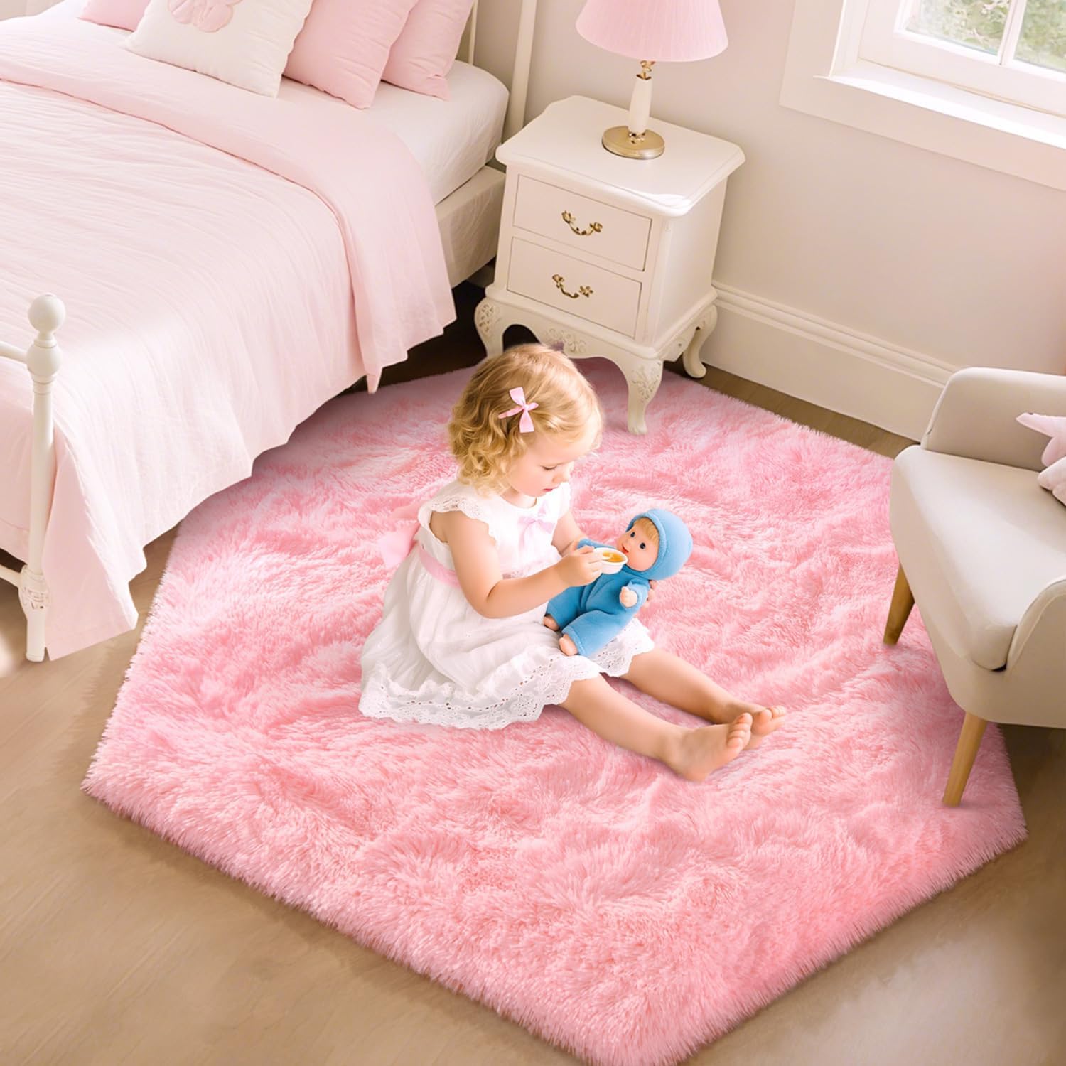 Pink Fluffy Hexagon Kids Plush Rug