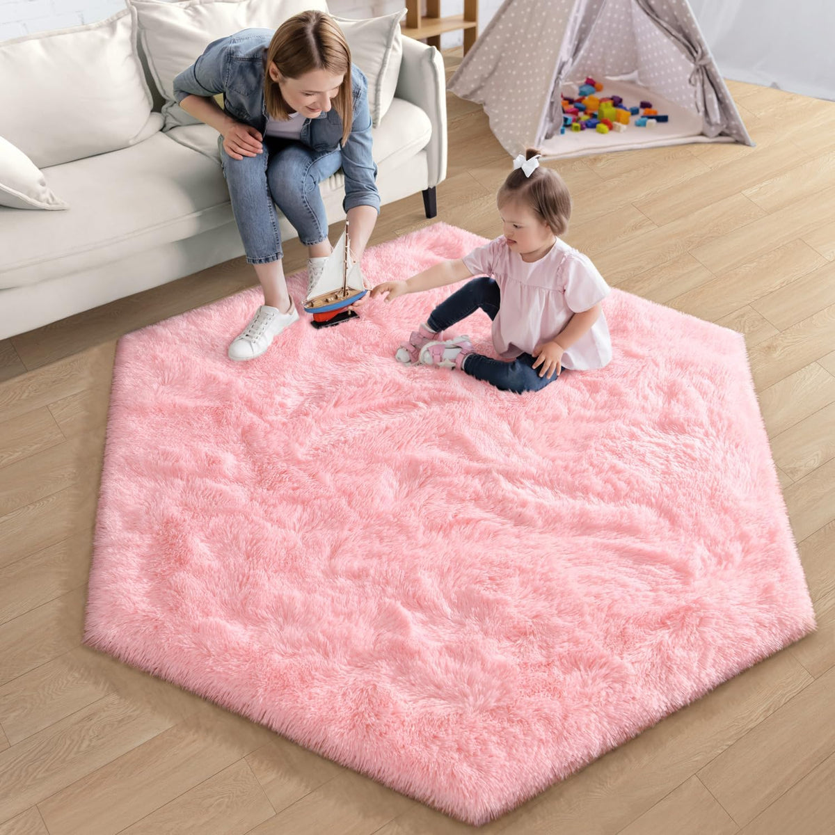 Pink Fluffy Hexagon Kids Plush Rug