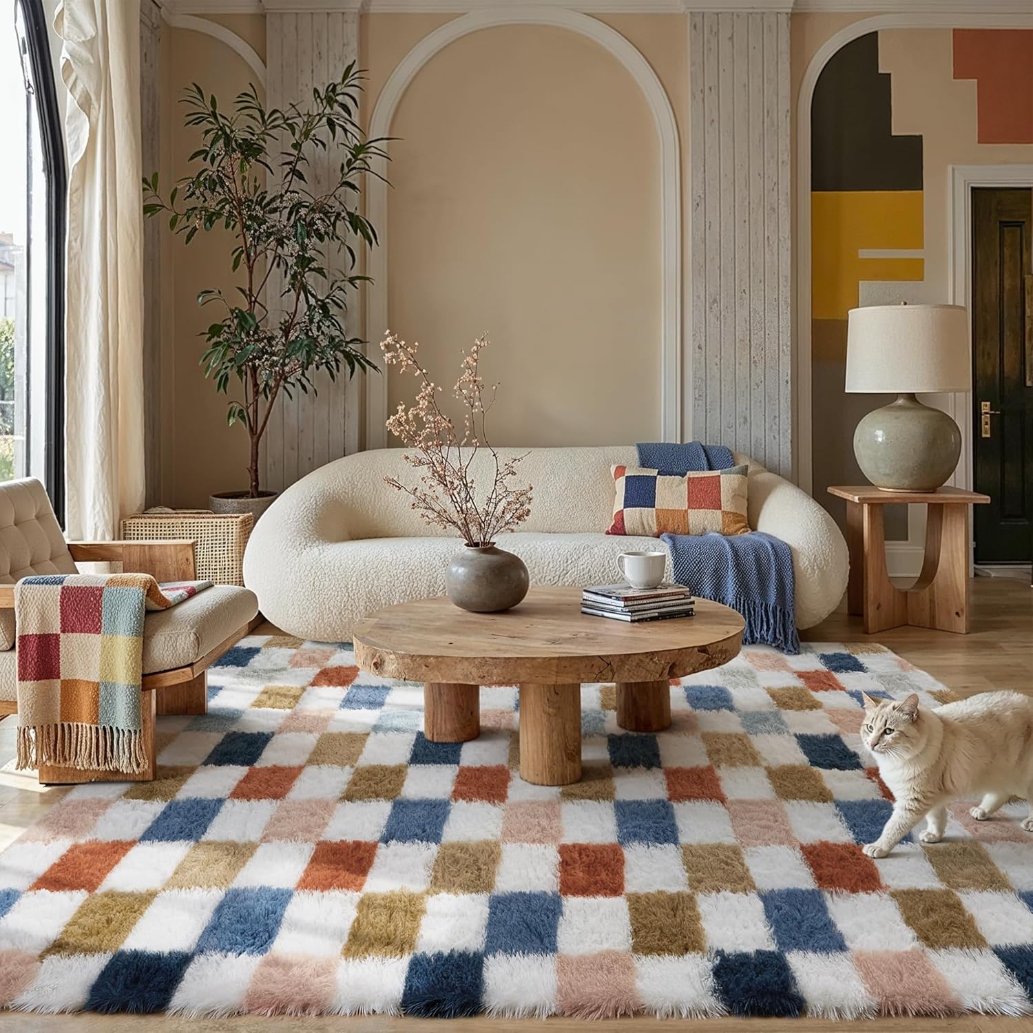 Washable Checkered Fluffy Shag Rug