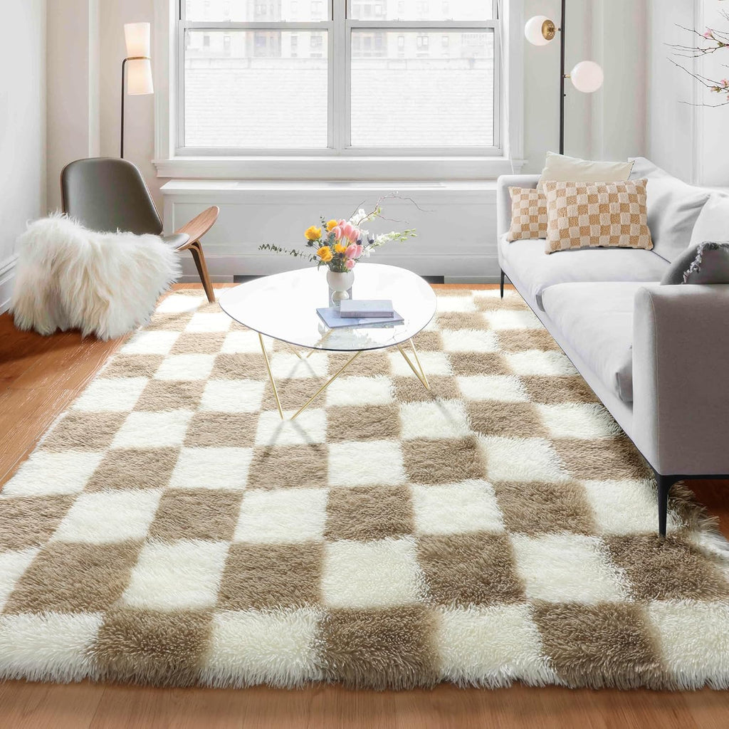 Beige Cream Checkered Fluffy Shag Rug