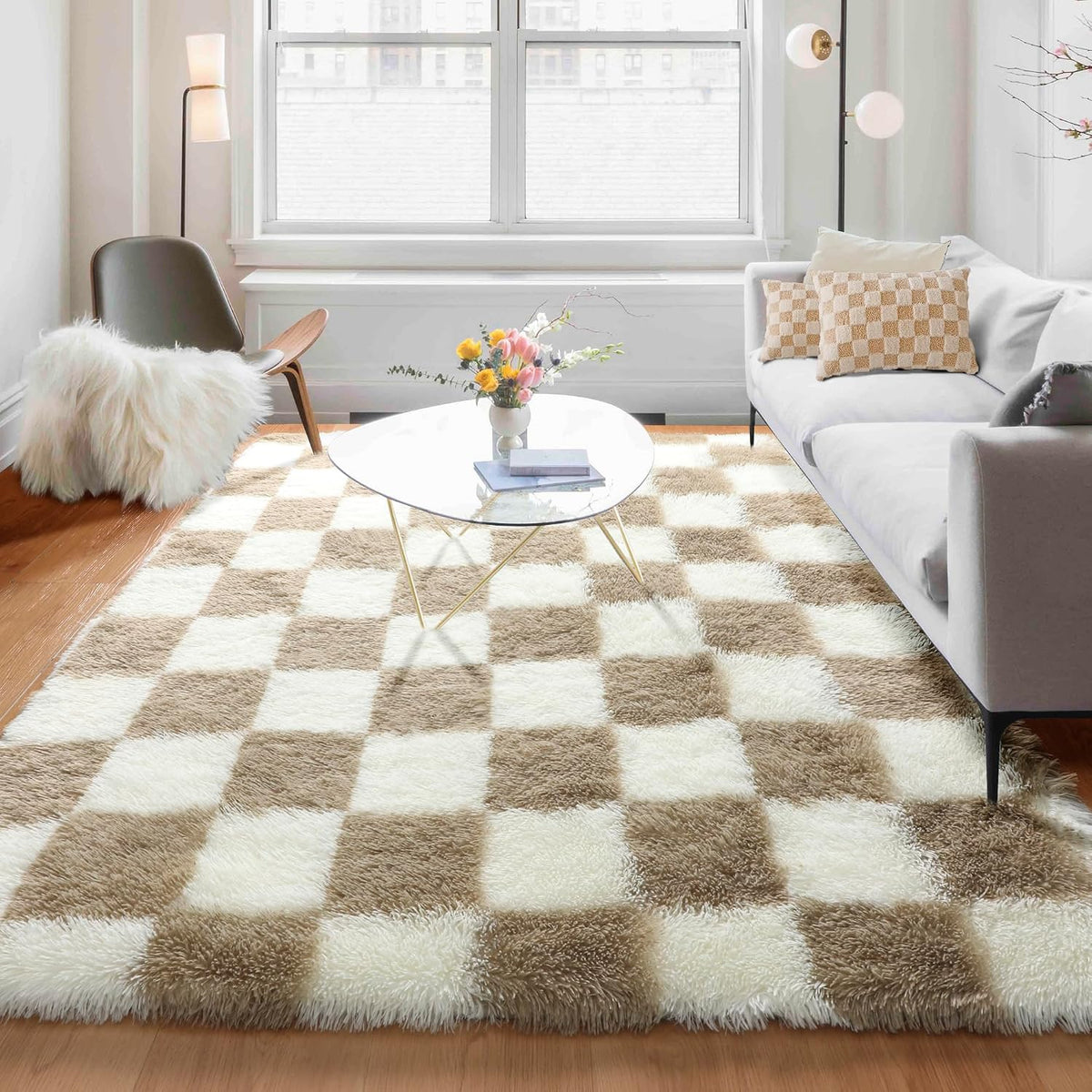 Beige Cream Checkered Fluffy Shag Rug
