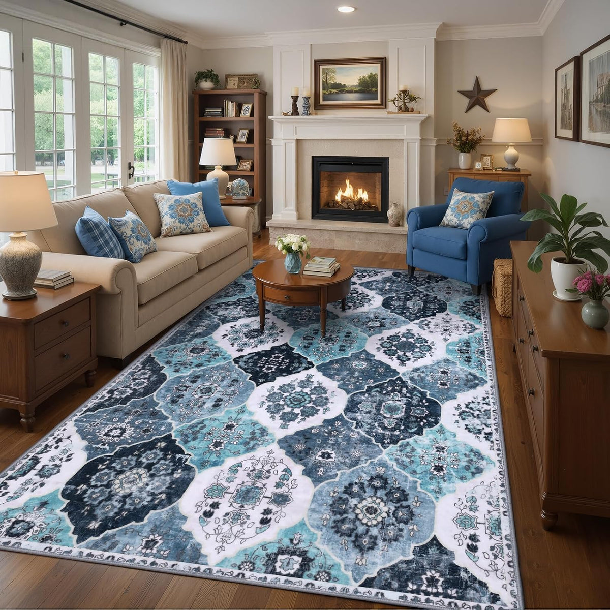 Blue Washable Boho Trellis Area Rug