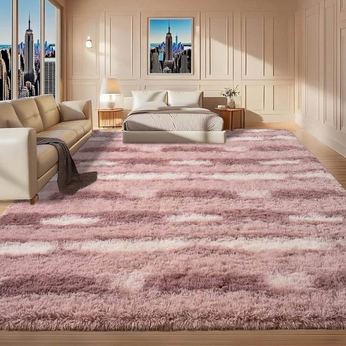 Pink White Fluffy Non-Slip Shag Rug
