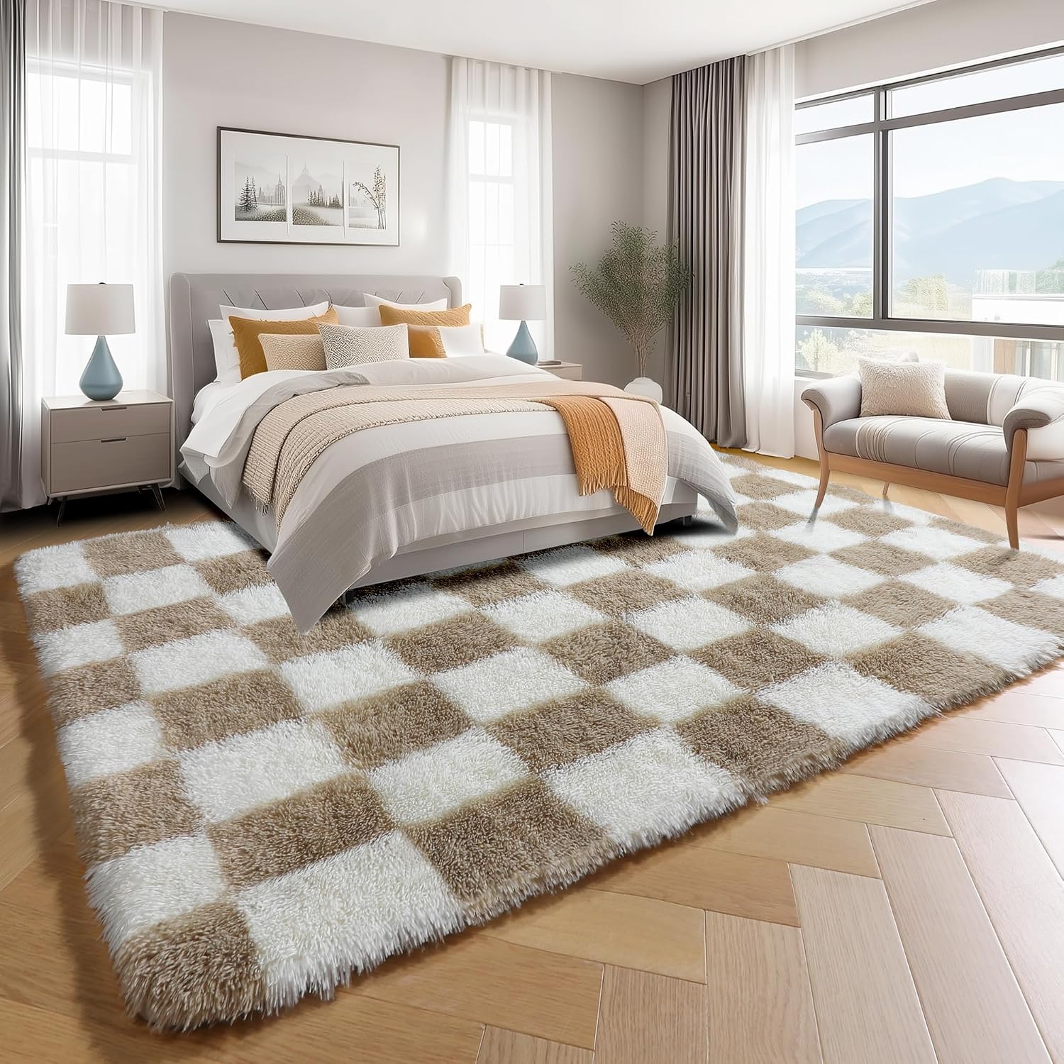 Beige Cream Checkered Fluffy Shag Rug