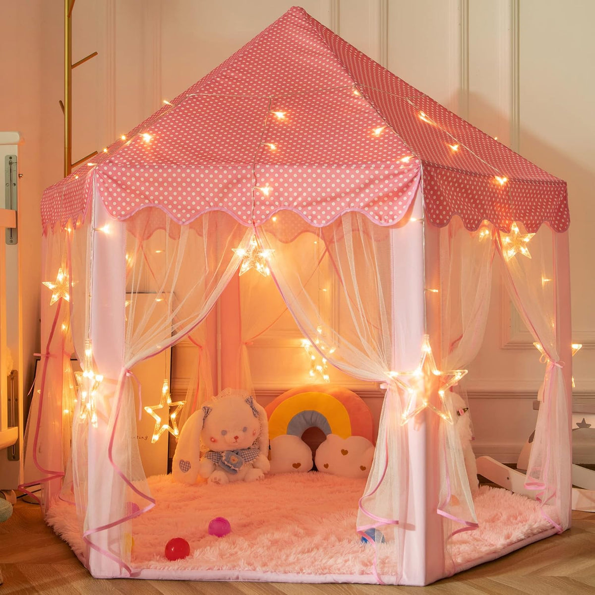 Pink Fluffy Hexagon Kids Plush Rug