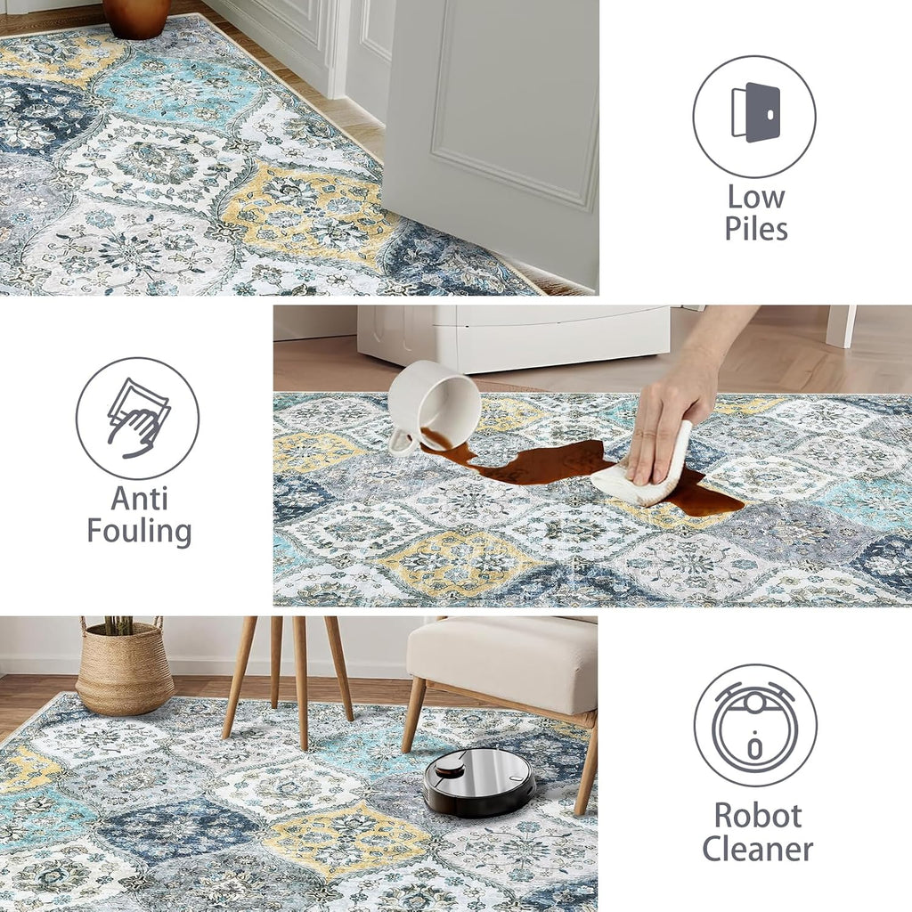 Blue Yellow Distressed Moroccan Rug