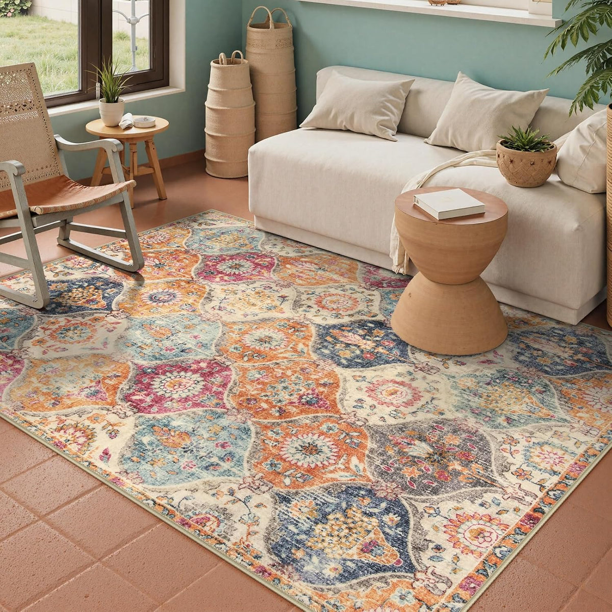 Cream Multi Washable Trellis Rug