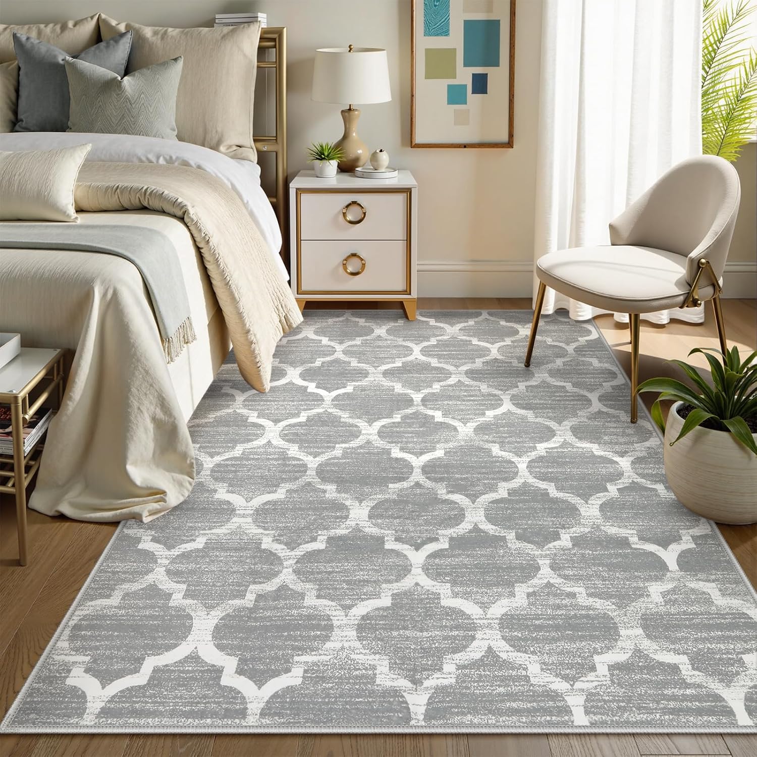 Grey Washable Modern Trellis Rug