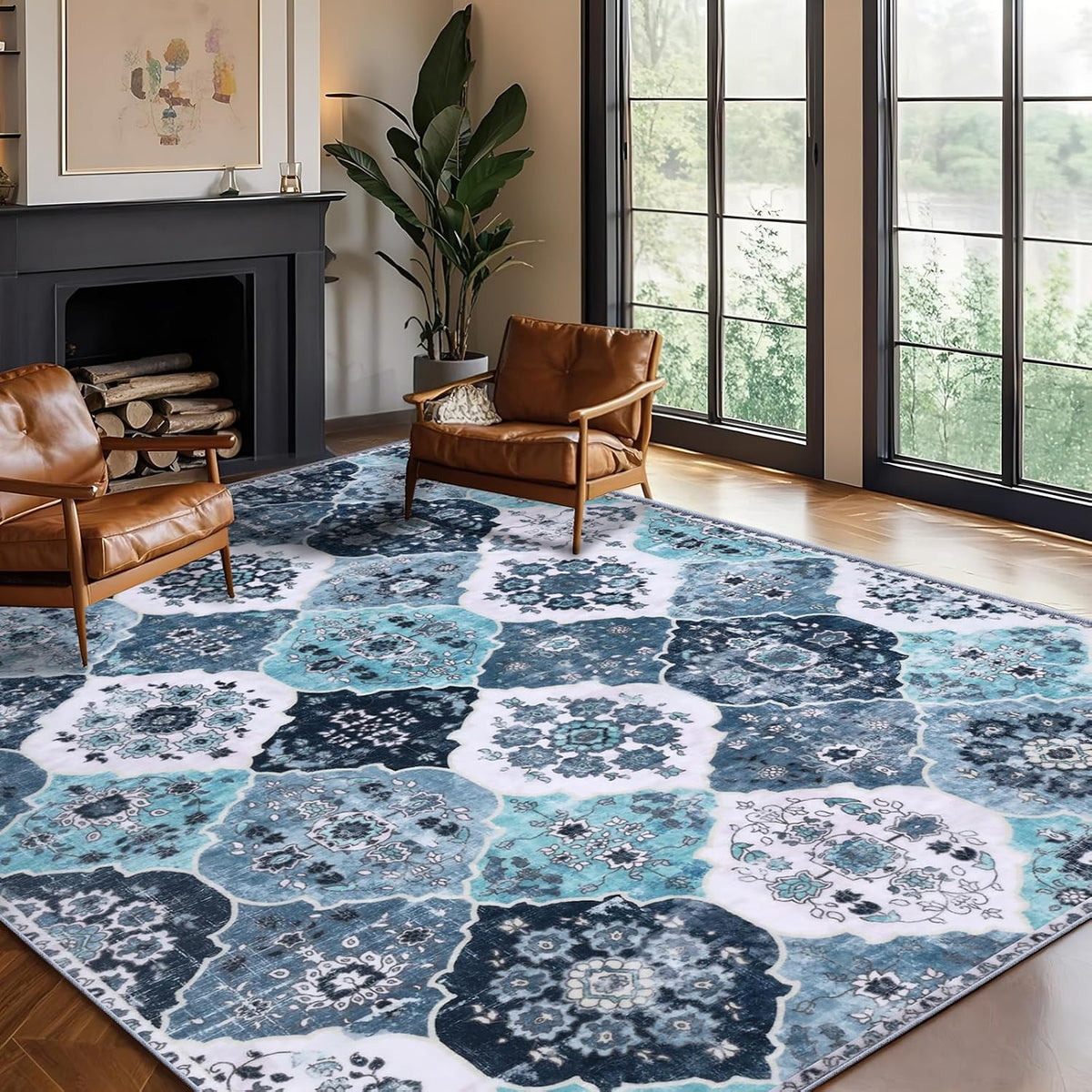 Blue Washable Boho Trellis Area Rug
