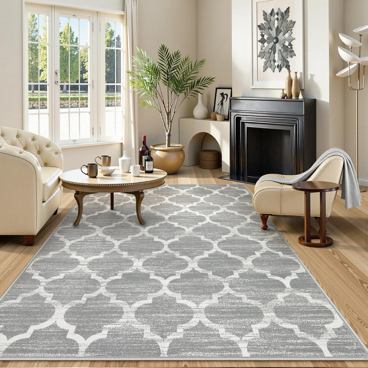 Grey Washable Modern Trellis Rug
