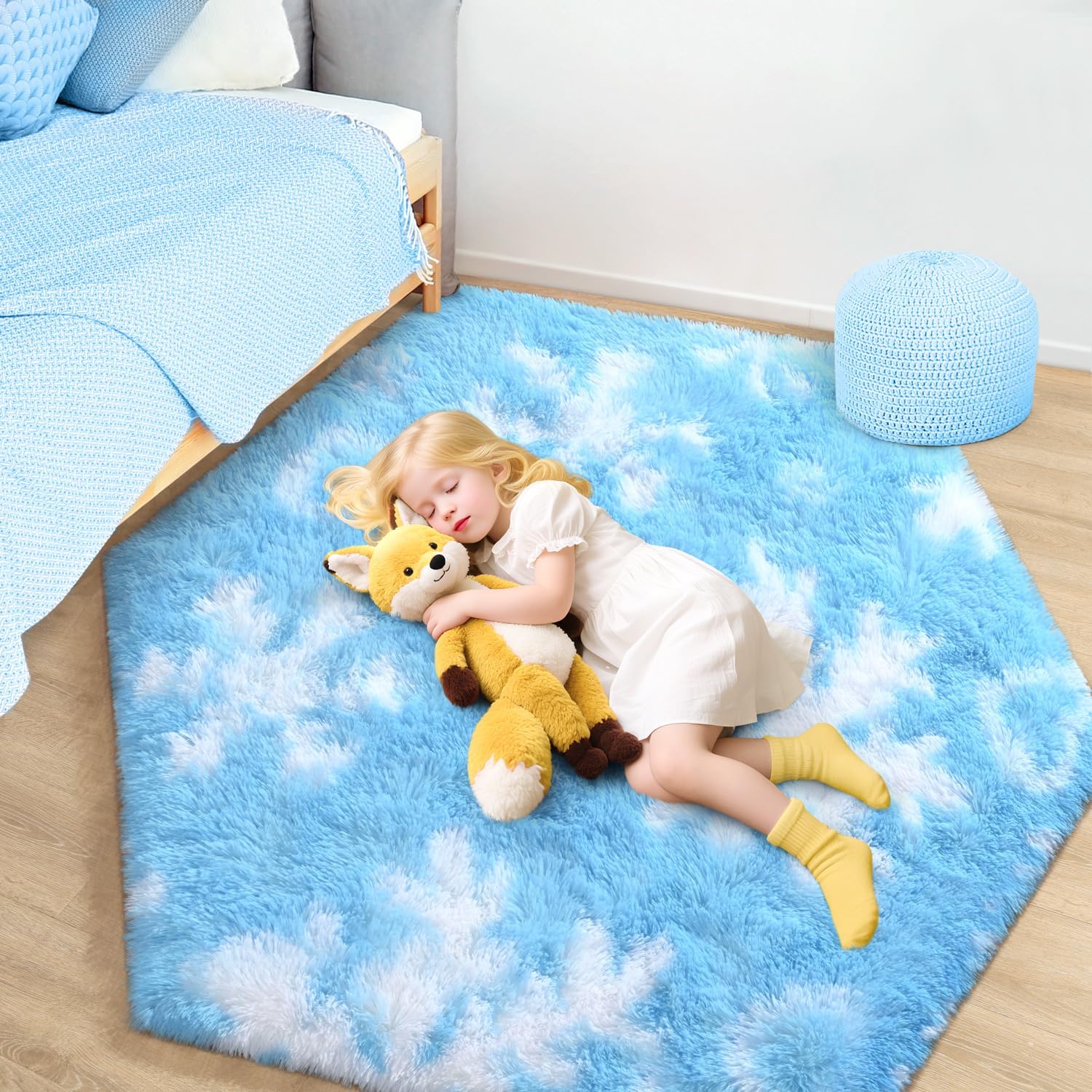 Frozen Hexagon Fluffy Girls Shag Rug