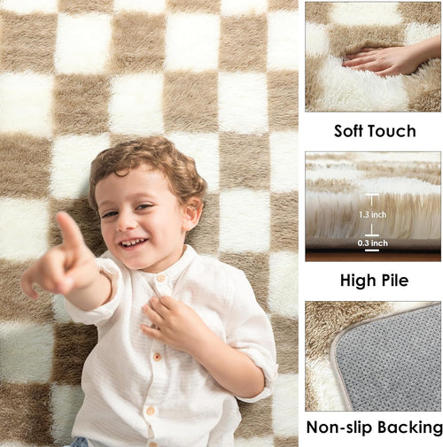 Beige Cream Checkered Fluffy Shag Rug