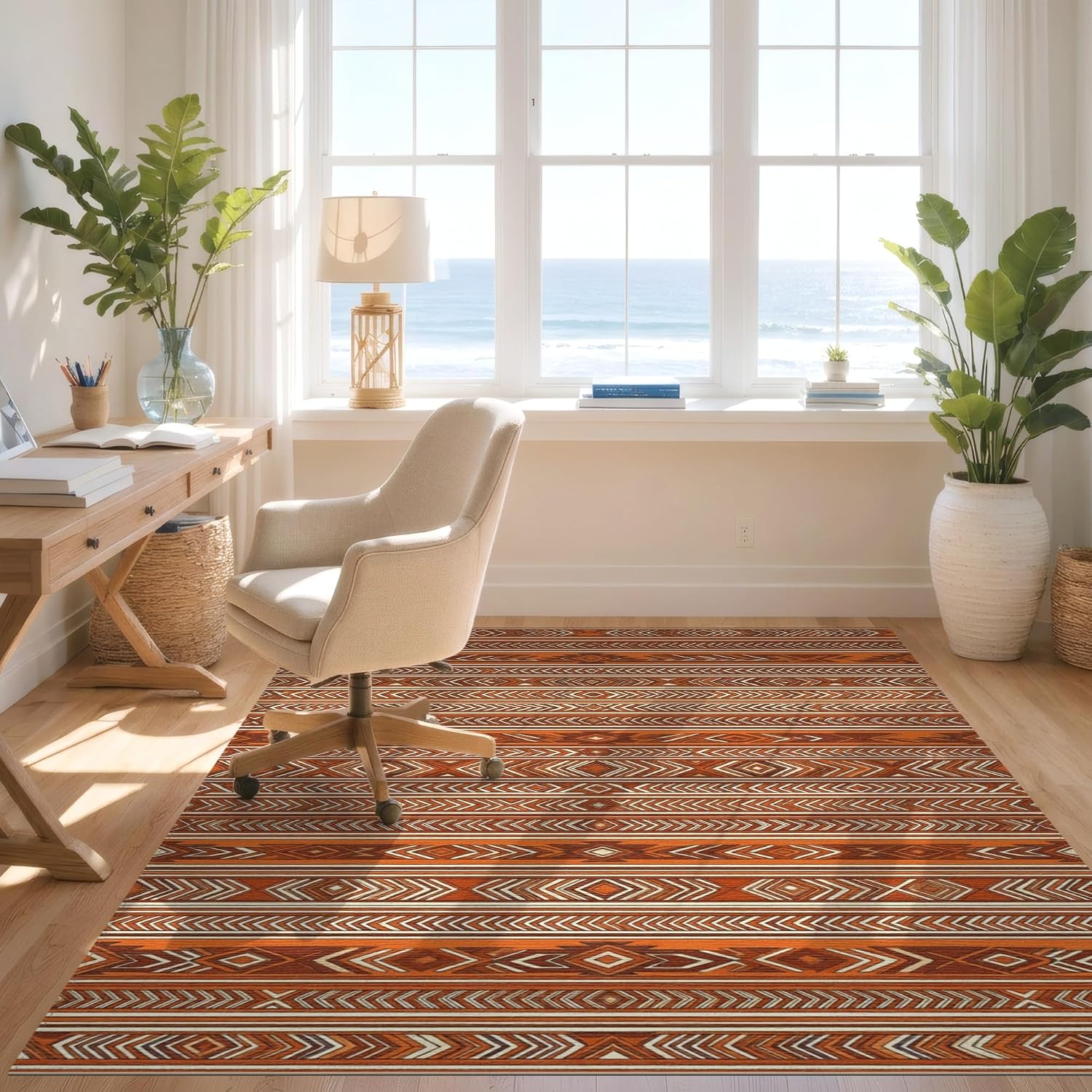 Orange Aztec Washable Boho Kilim Rug