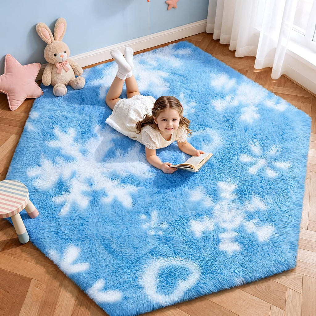 Blue Washable Hexagon Fluffy Shag Rug