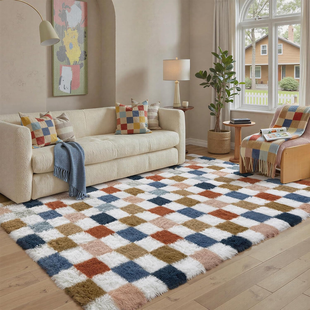 Washable Checkered Fluffy Shag Rug