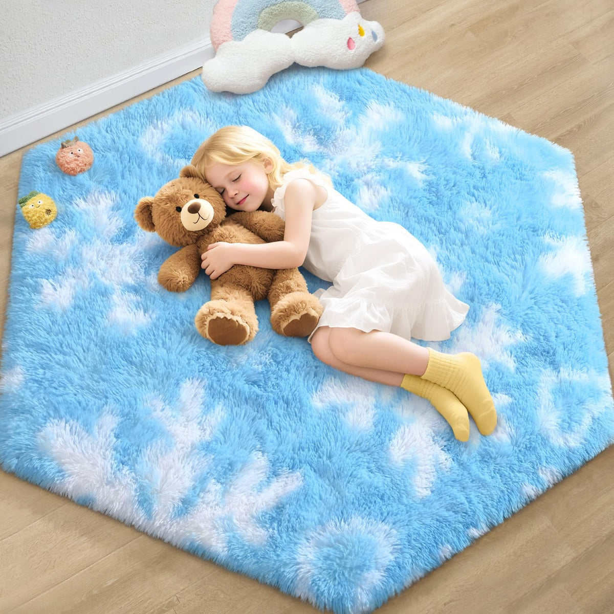 Frozen Hexagon Fluffy Girls Shag Rug
