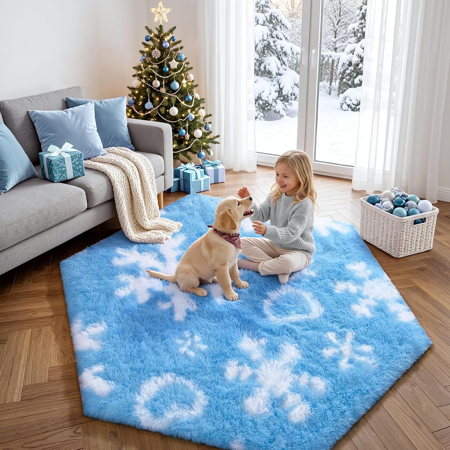 Blue Washable Hexagon Fluffy Shag Rug