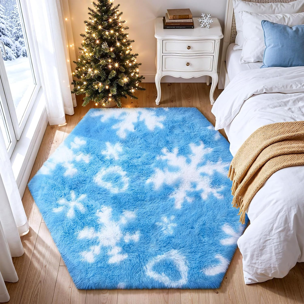 Blue Washable Hexagon Fluffy Shag Rug