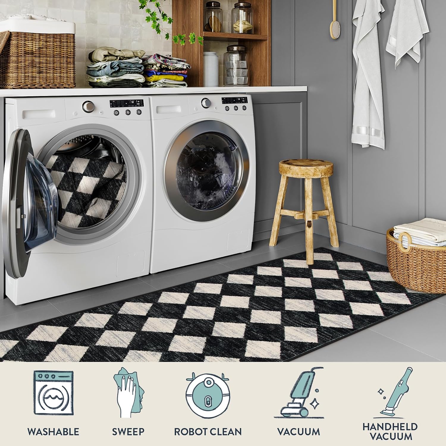 Black Washable Distressed Trellis Rug