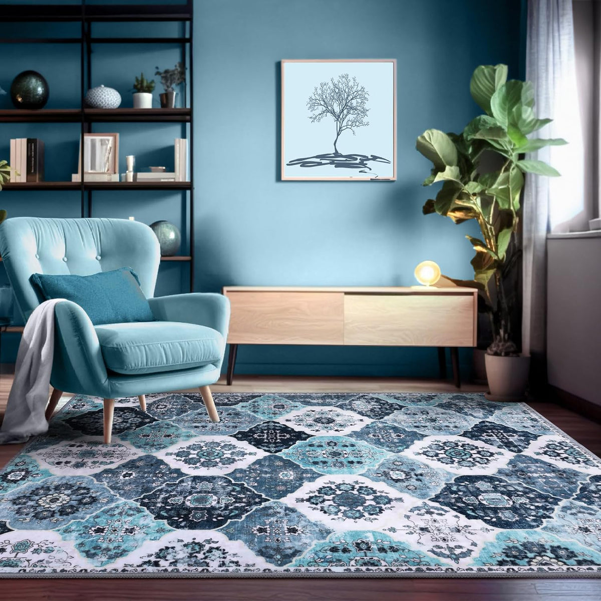 Blue Washable Boho Trellis Area Rug