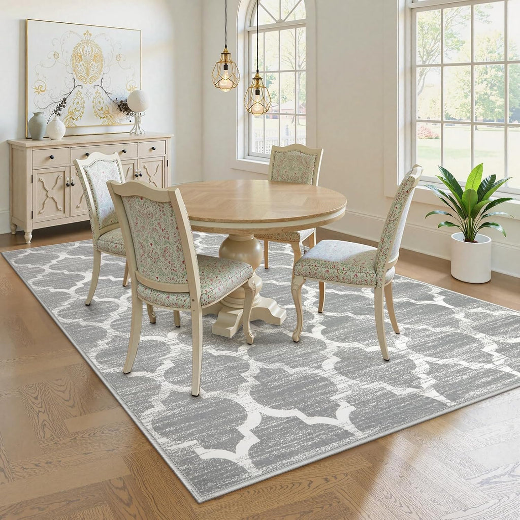 Grey Washable Modern Trellis Rug