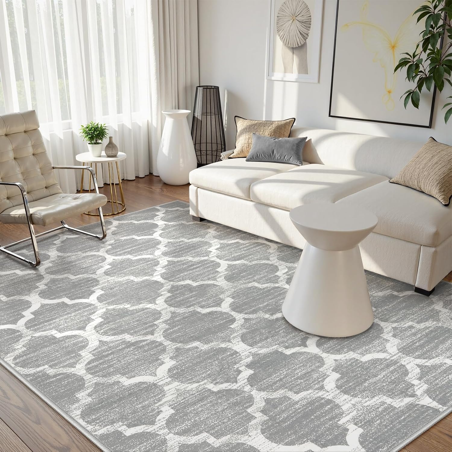 Grey Washable Modern Trellis Rug