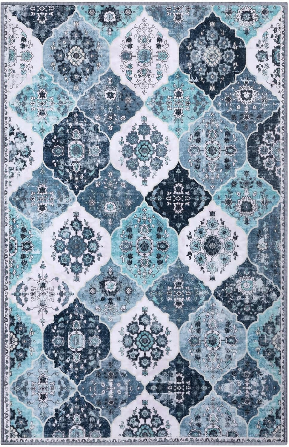 Blue Washable Boho Trellis Area Rug