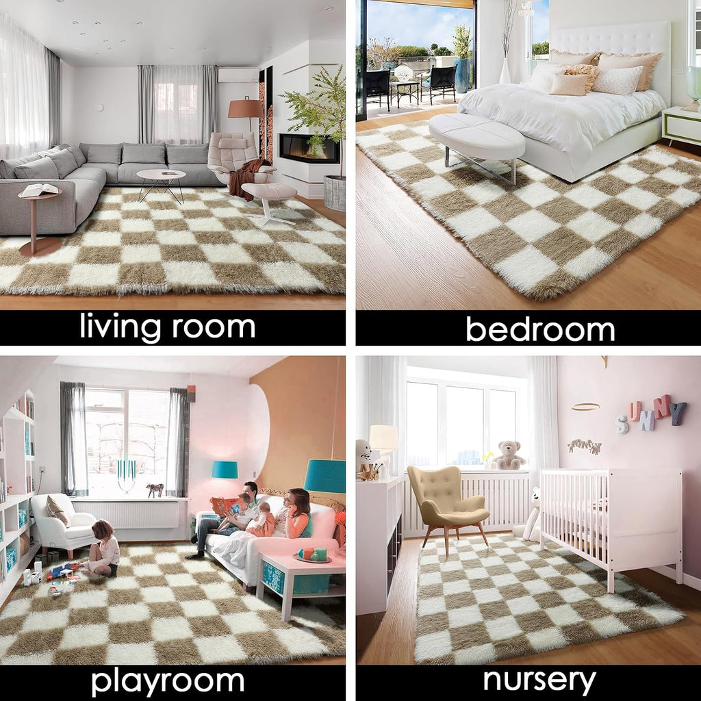 Beige Cream Checkered Fluffy Shag Rug