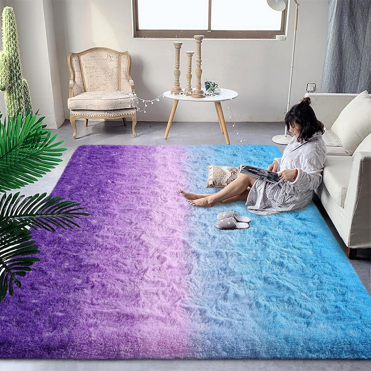 Purple Blue Washable Fluffy Kids Rug