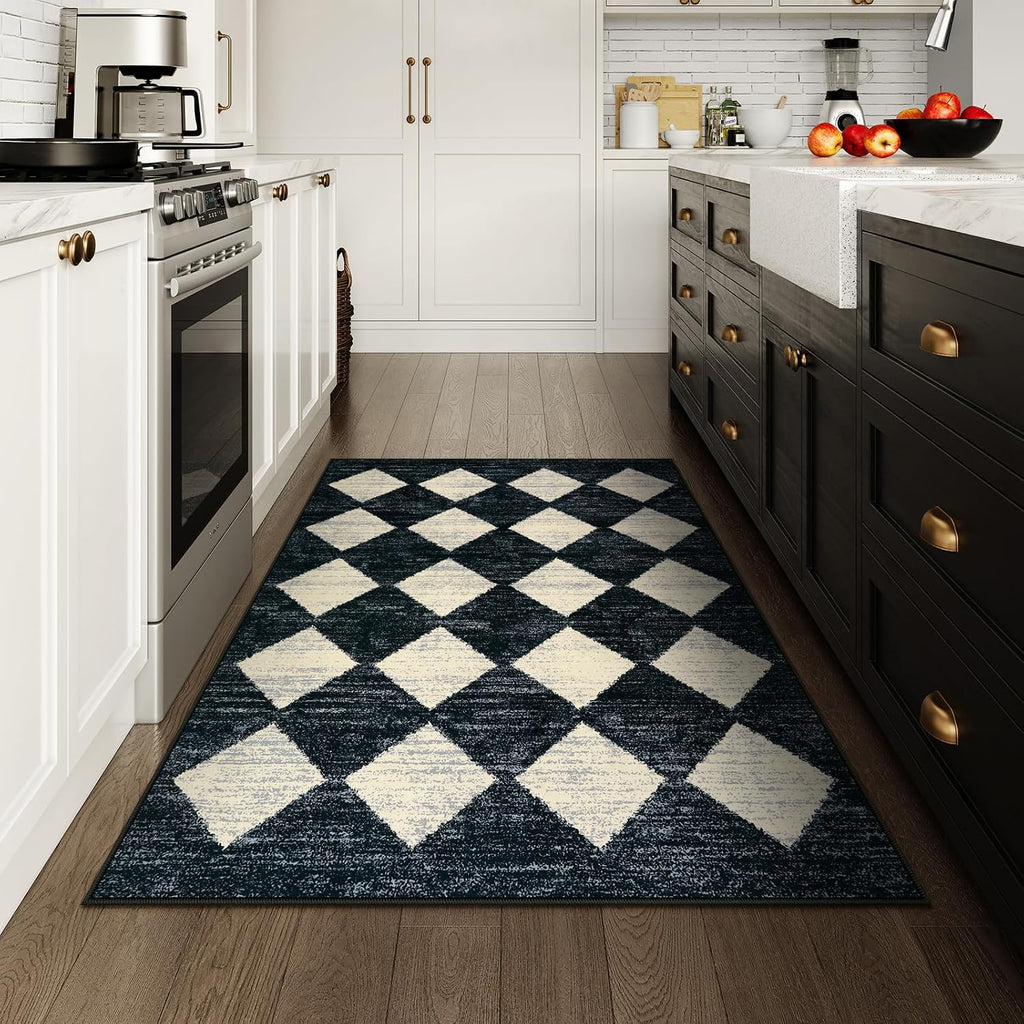 Black Washable Distressed Trellis Rug