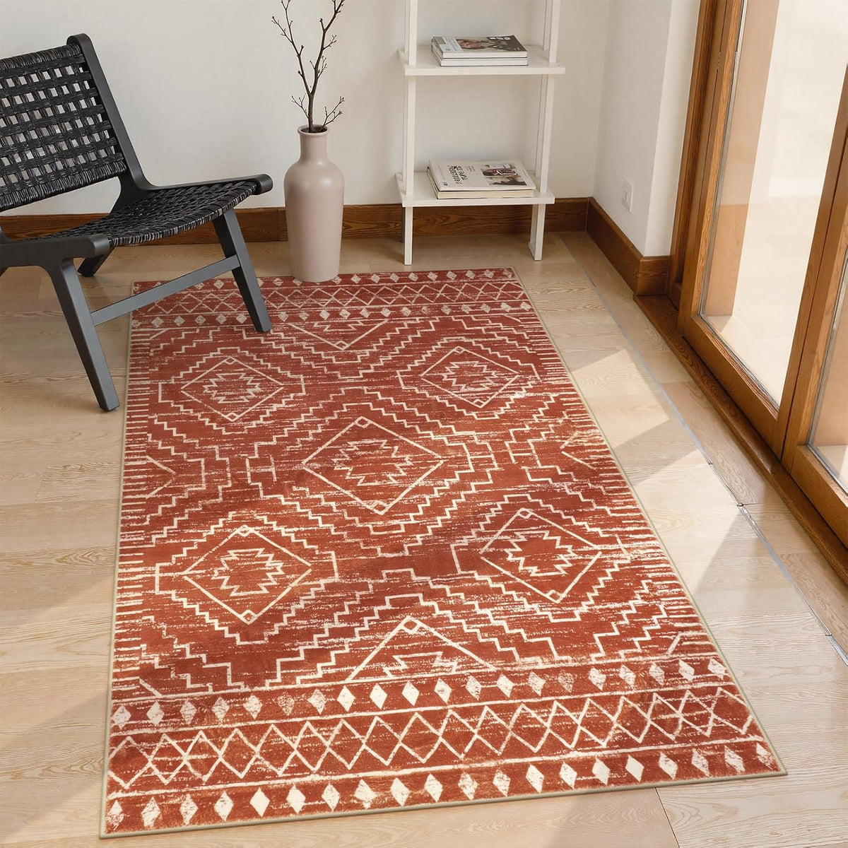Brown Washable Moroccan Geometric Rug