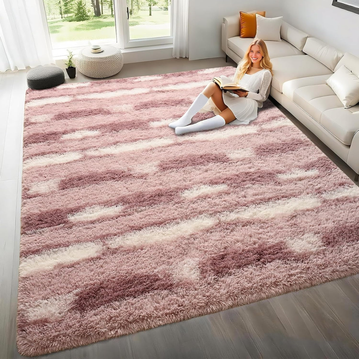 Pink White Fluffy Non-Slip Shag Rug