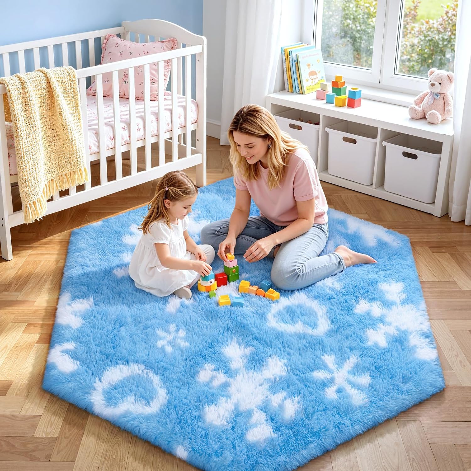 Blue Washable Hexagon Fluffy Shag Rug