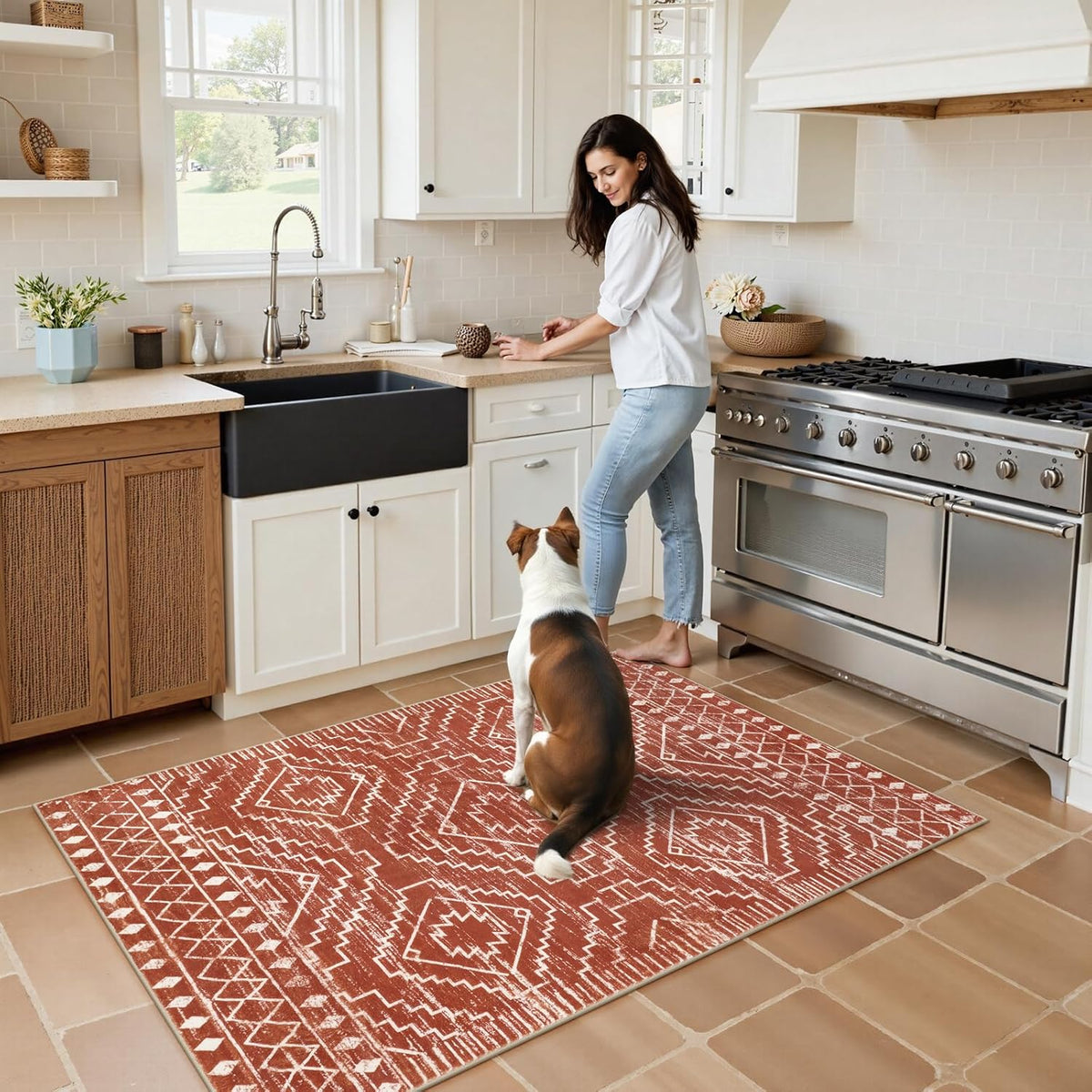 Brown Washable Moroccan Geometric Rug