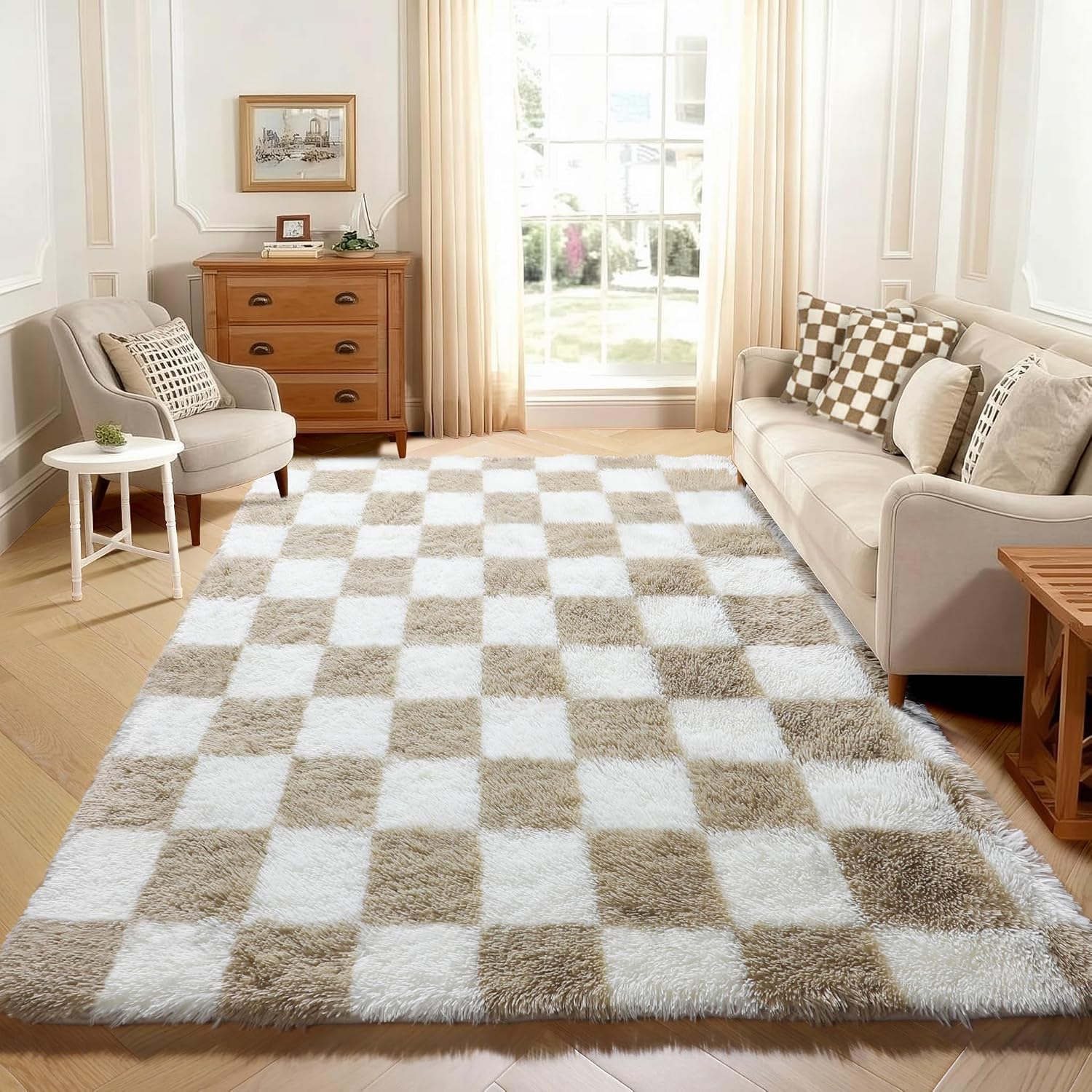 Beige Cream Checkered Fluffy Shag Rug