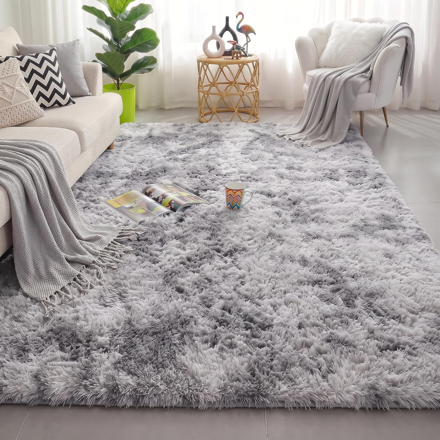 Light Grey Tie-Dye Fluffy Shag Rug