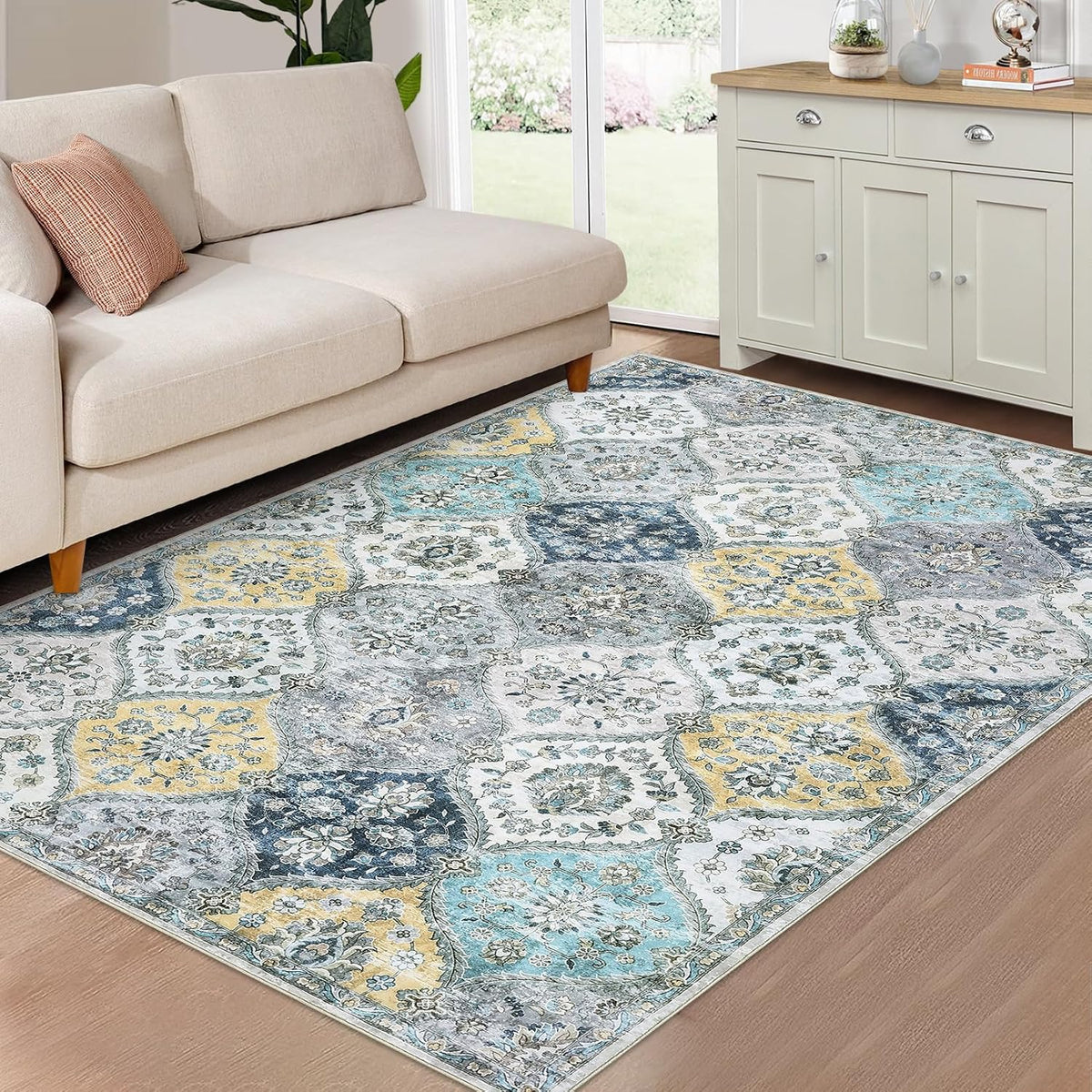 Blue Yellow Distressed Moroccan Rug