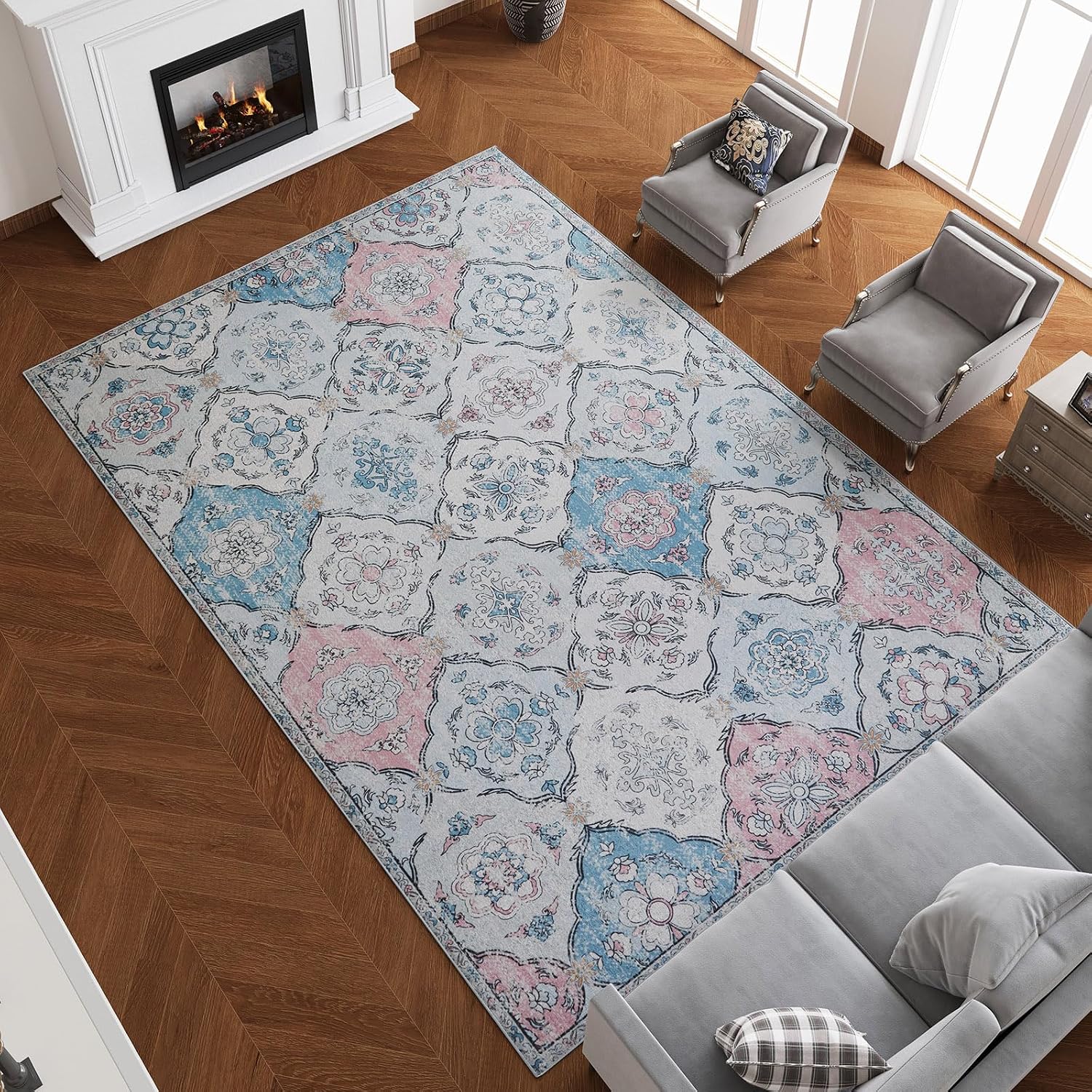 Pink Washable Moroccan Trellis Rug