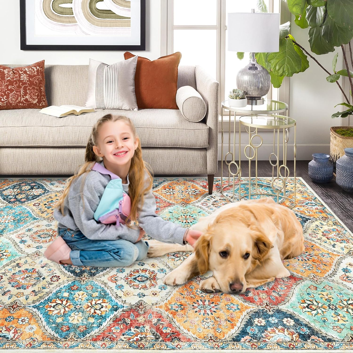 Cream Distressed Moroccan Trellis Rug