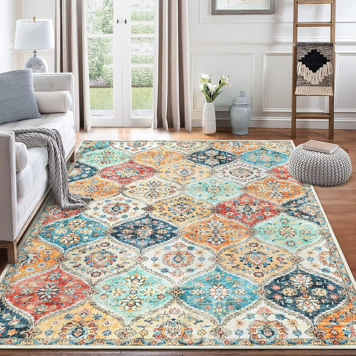 Cream Distressed Moroccan Trellis Rug