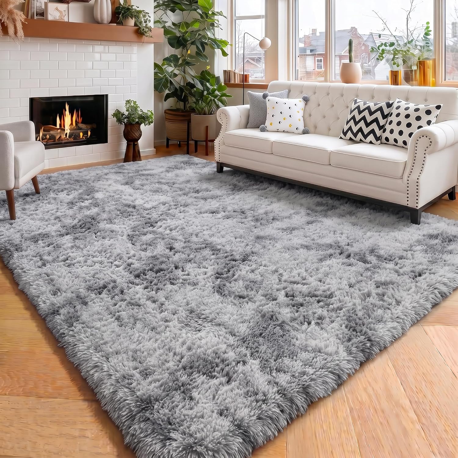 Light Grey Tie-Dye Fluffy Shag Rug