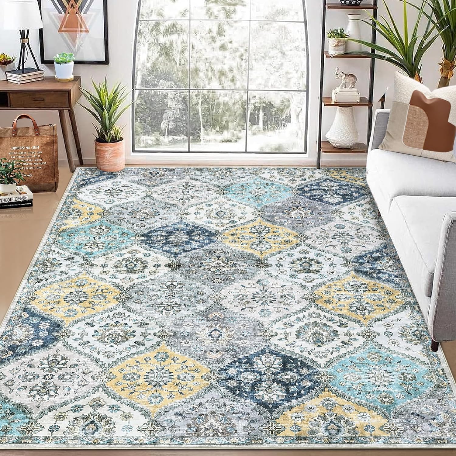 Blue Yellow Distressed Moroccan Rug