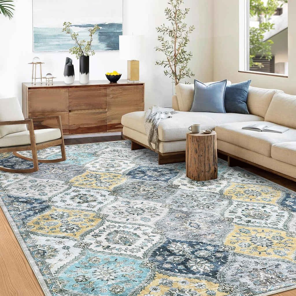Blue Yellow Distressed Moroccan Rug