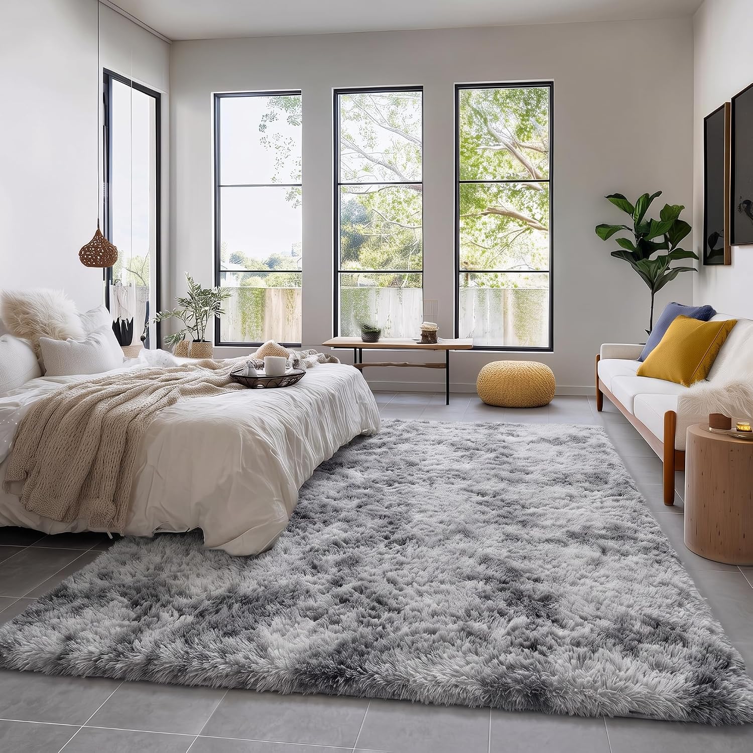 Light Grey Tie-Dye Fluffy Shag Rug