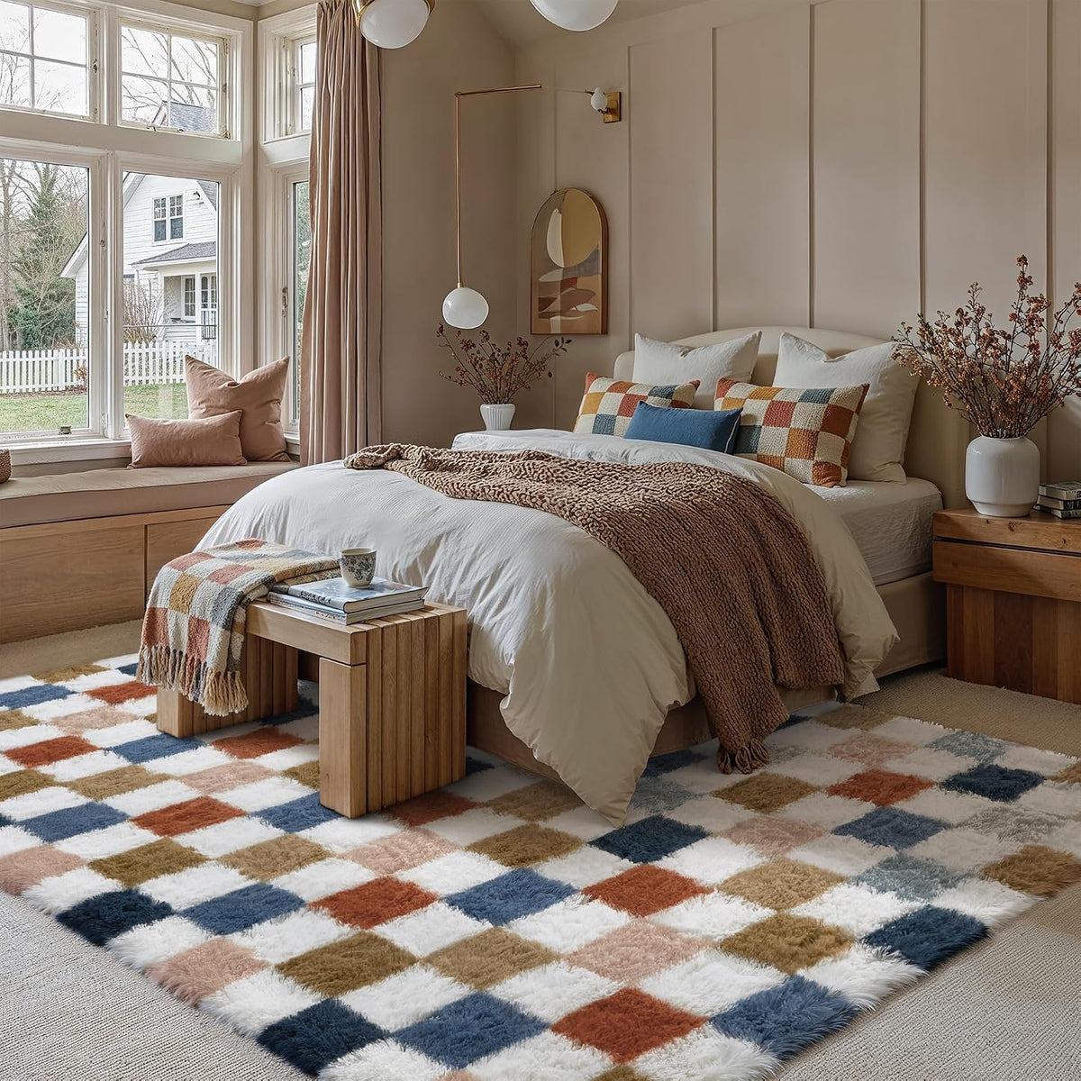 Washable Checkered Fluffy Shag Rug